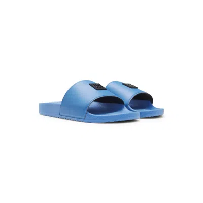 Hugo Boss Italian-made Slides With Stacked-logo Uppers In Blue