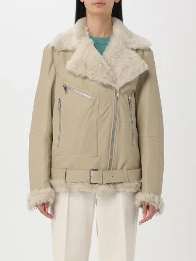 Hugo Boss Leather Jacket With Sheepskin Trims In Light Beige