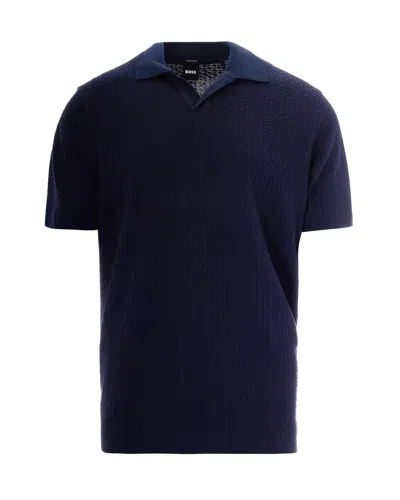 Hugo Boss Jacquard Knit Polo Shirt With Modern Johnny Collar In Blue