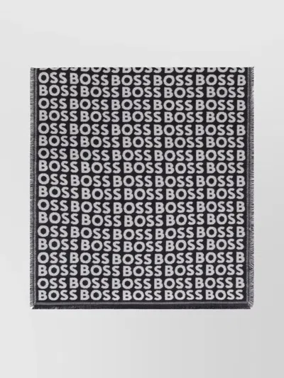 Hugo Boss Jacquard Viscose Scarf Fringed Edges In Gray