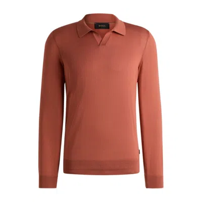Hugo Boss Johnny-collar Regular-fit Sweater In Silk And Cotton In Red