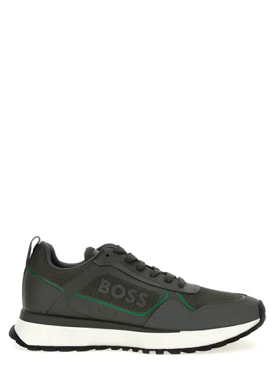Hugo Boss Mixed-material Trainers With Large Side-panel Logo In Black