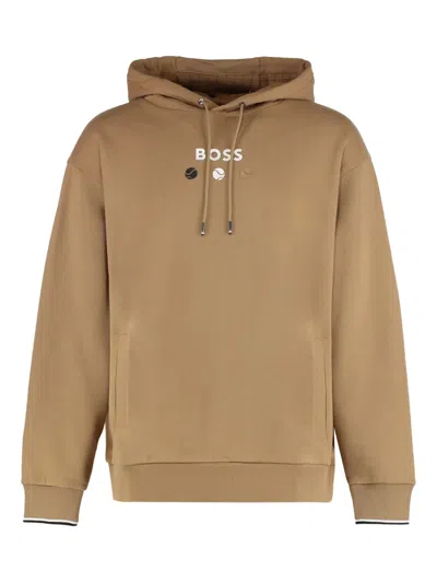 Hugo Boss Kangaroo Pocket Cotton Sweatshirt In Brown