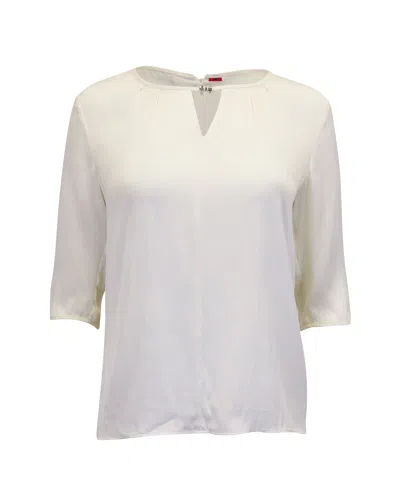 Hugo Boss Keyhole Neck Quarter Sleeves Blouse In Cream Silk In White