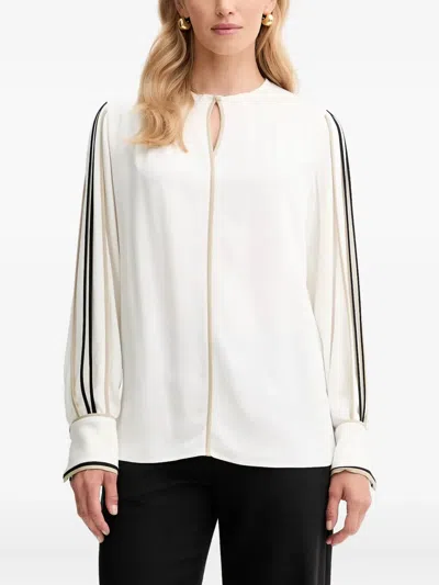 Hugo Boss Keyhole-neckline Striped-sleeve Blouse In White