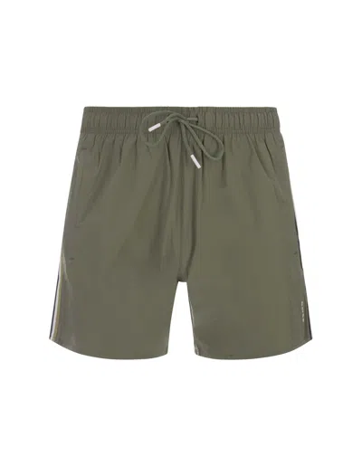 Hugo Boss Khaki Beach Boxers With Typical Brand Stripes And Logo In Green