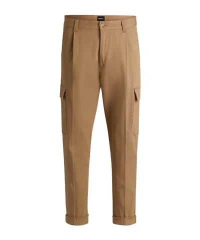 Hugo Boss Khaki Pleated Cargo Trousers In Brown