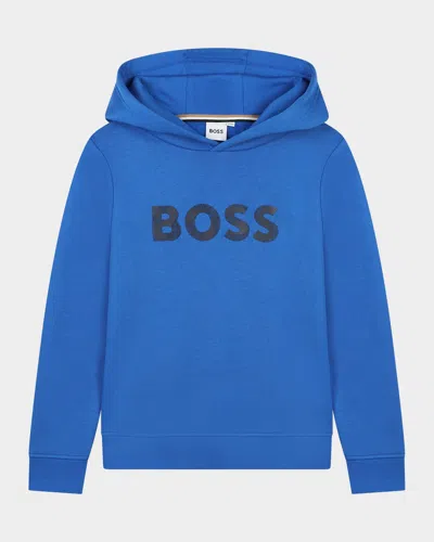 Hugo Boss Kid's Logo-print Cotton-blend Hoodie In Blue