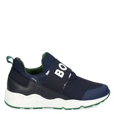 Hugo Boss Kids Branded Elastic Strap Trainers In Blue