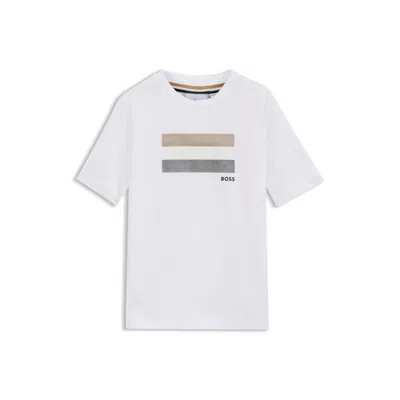 Hugo Boss Kids' Cotton T-shirt With Signature-stripe Logo Artwork In White