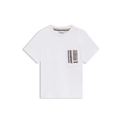 Hugo Boss Kids' Cotton T-shirt With Signature-stripe Pocket In White