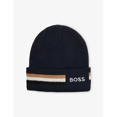 Hugo Boss Kids' Logo Knitted Beanie Hat In Navy