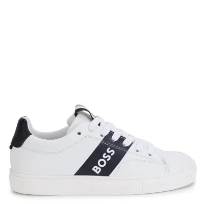 Hugo Boss Kids Logo Stripe Leather Trainers In White