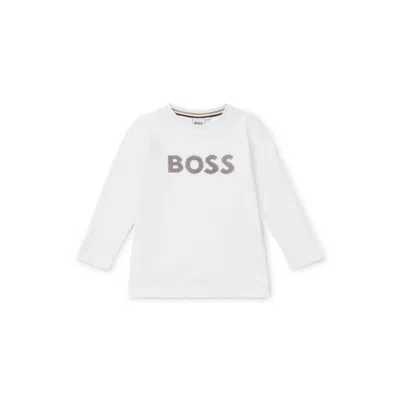 Hugo Boss Kids' Long-sleeved Cotton T-shirt With Silicone-dot Logo In White