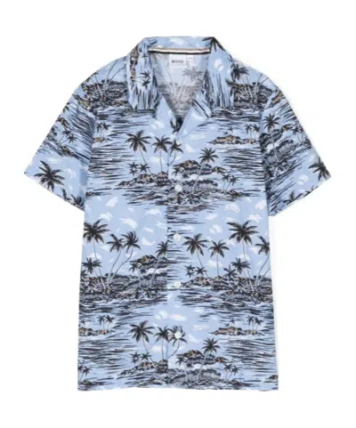 Hugo Boss Kids Palm Tree Printed Buttoned Shirt In Blue