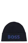 Hugo Boss Logo Knit Beanie Adjustable Cuff In Blue