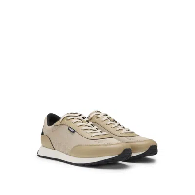 Hugo Boss Knit-effect Trainers With Faux-leather Trims In Beige
