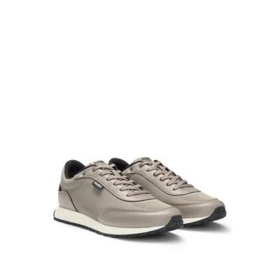 Hugo Boss Knit-effect Trainers With Faux-leather Trims In Brown