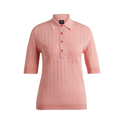 Hugo Boss Flicity Openwork Stripes Knit Polo Shirt In Pink