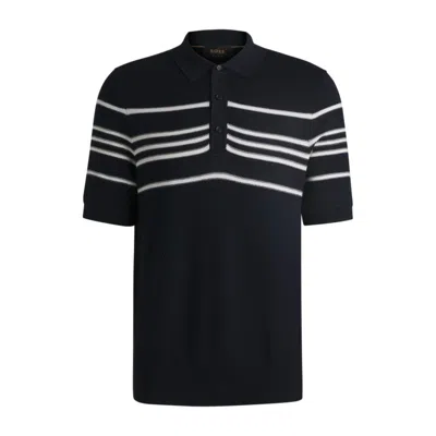 Hugo Boss Knit Polo In Silk And Cotton With Stripe Details In Blue