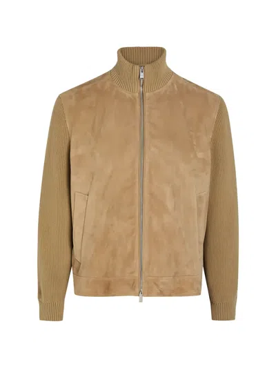 Hugo Boss Knit-sleeves Suede Jacket In Brown
