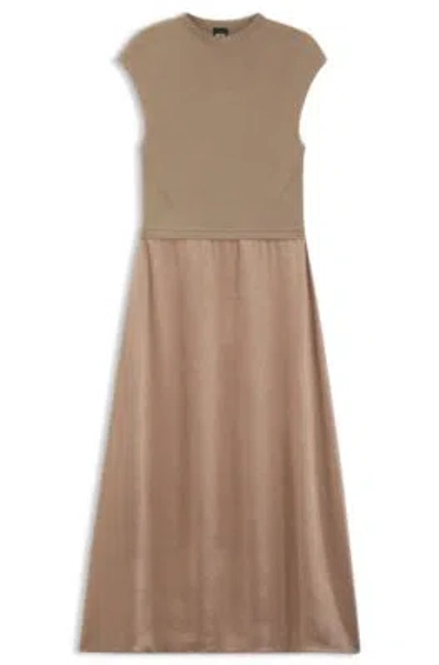 Hugo Boss Knitted Dress With Satin Skirt In Brown