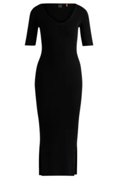 Hugo Boss Knitted Dress With V Neckline In Stretch Yarns In Black