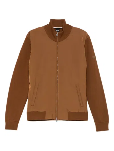 Hugo Boss Knitted-panel Zip-up Jacket In Brown