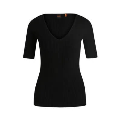 Hugo Boss Knitted Sweater With V Neckline In Slim Fit In Black
