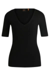 Hugo Boss Square-neck Short-sleeved Sweater In Ribbed Stretch Fabric In Black