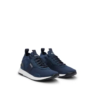 Hugo Boss Knitted-upper Trainers With Branding And Suede Trims In Blue