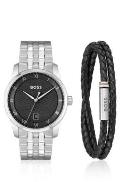 Hugo Boss Knurled-dial Watch And Braided-leather Cuff Gift Set Men's Watches In Assorted-pre-pack