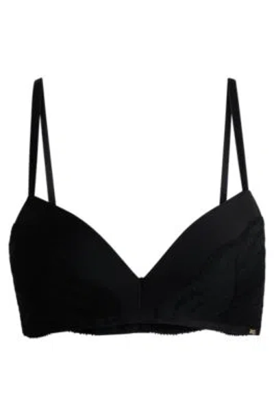 Hugo Boss Lace-trim Push-up Bra With Logo Detail In Black