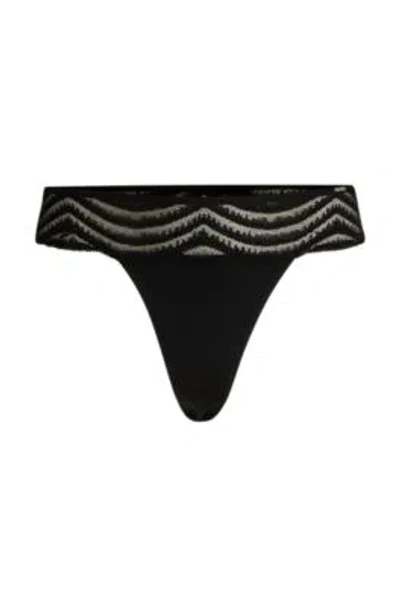 Hugo Boss Lace-trim Thong With Logo Detail In Black