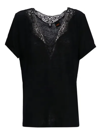 Hugo Boss Lace-trimmed T-shirt In Black
