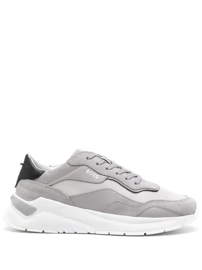 Hugo Boss Lace-up Leather Sneakers In Grey