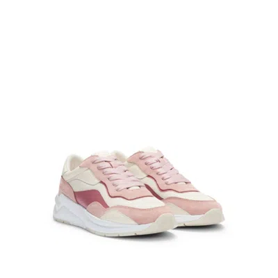 Hugo Boss Lace-up Trainers With Suede, Mesh And Faux Leather In Pink