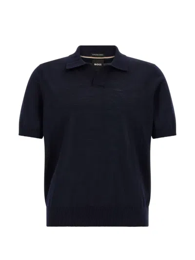 Hugo Boss Lantoni Merino-wool Knit Polo With Johnny Collar In Blue