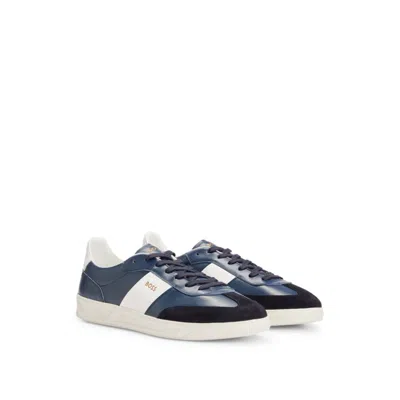 Hugo Boss Leather And Suede Trainers With Embossed Logos In Blue