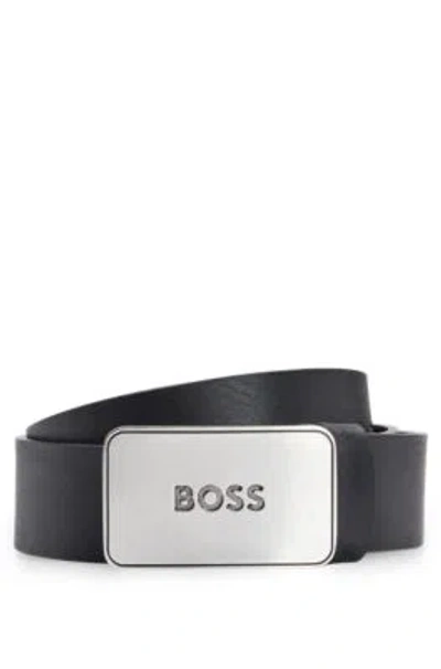 Hugo Boss Leather Belt With Antique-effect Branded Plaque Buckle In Black