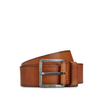 Hugo Boss Leather Belt With Logo And Dark Ruthenium Hardware In Brown