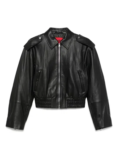 Hugo Boss Leather Bomber Jacket In Black