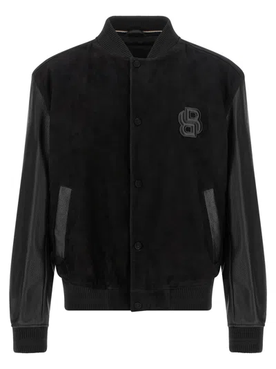 Hugo Boss Monogram-patch Bomber Jacket In Black