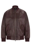 Hugo Boss Leather Bomber Jacket With Embossed Crocodile Motif In Light Red