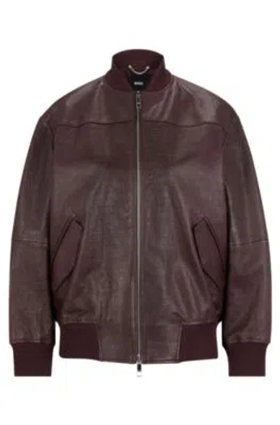 Hugo Boss Leather Bomber Jacket With Embossed Crocodile Motif In Light Red
