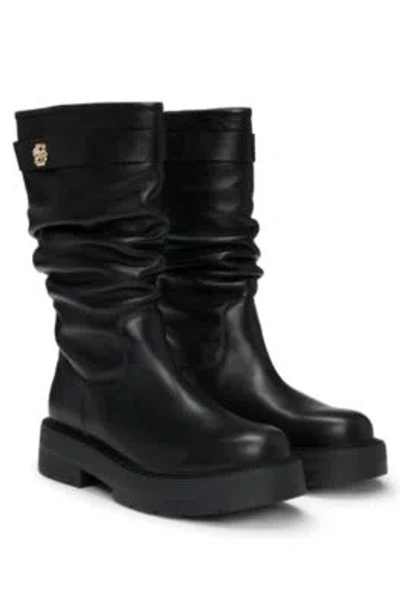 Hugo Boss Leather Boots With Relaxed Profile And Double B Monogram In Black