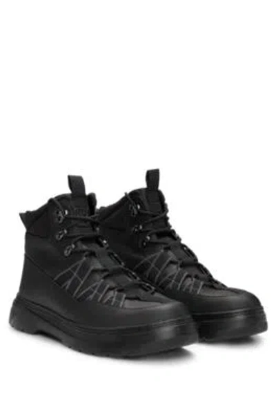 Hugo Boss Leather Boots With Textile Trims And Hiking-style Laces In Black