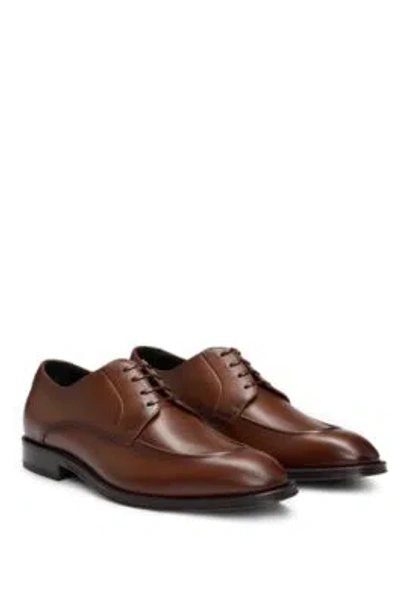 Hugo Boss Leather Derby Shoes With Double Stitching On Uppers In Brown