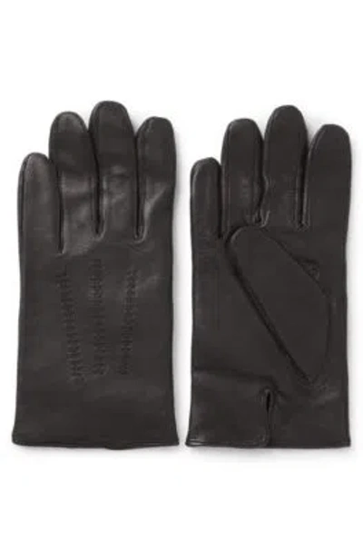 Hugo Boss Leather Gloves With Wool Lining And Logo Lettering In Brown