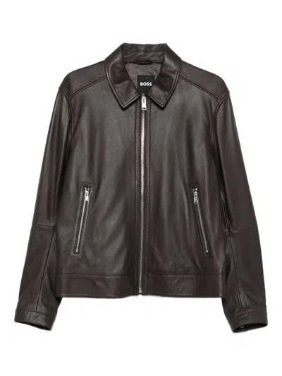 Hugo Boss Leather Jacket In Brown